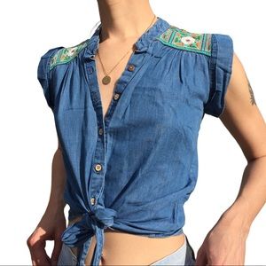Boho embroidered front tie top